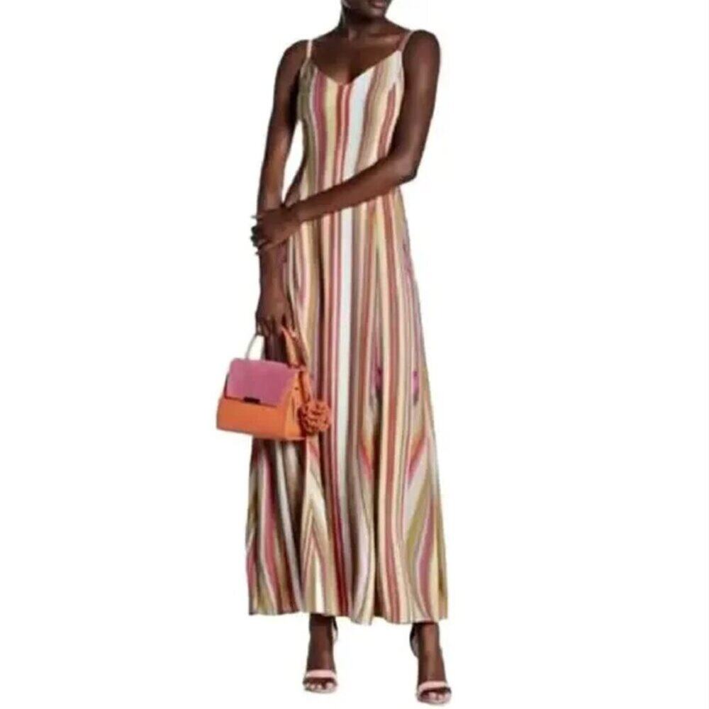 Rachel Roy Dress Womens 20W Maxi Pink Green Striped Sleeveless V-Neck Excellent
